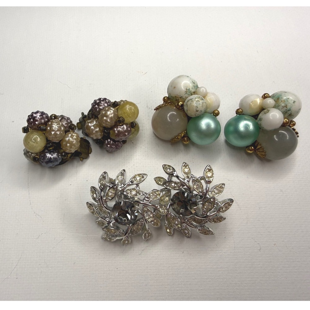 Vintage Clip On Earrings Lot of 3 Beaded Cluster Sets & Signed Sarah Coventry